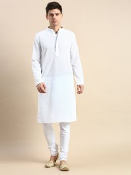 Sanwara - Mens White Thread Work Chikankari Indian Style Cotton Kurta with Payjama (Set of 2)