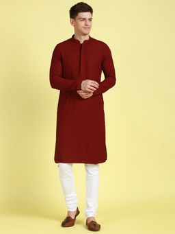 Sanwara - Mens Maroon Thread Work Chikankari Indian Style Cotton Kurta with Payjama (Set of 2)