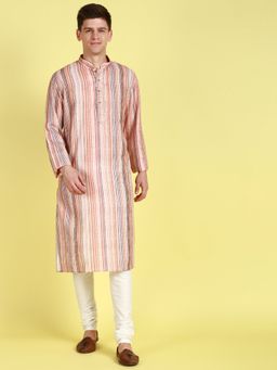 Sanwara - Striped Charming Rust Straight Cut Cotton Kurta with Payjama For Men (Set of 2)