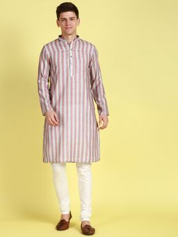 Sanwara - Striped Multi Color Straight Cut Cotton Kurta with Payjama For Men (Set of 2)