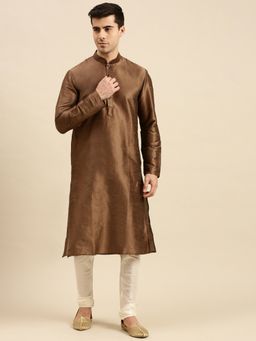Sanwara - Brown Solid Art Silk Kurta Pyjama (Set of 2)