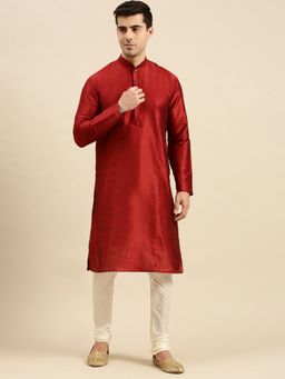 Sanwara - Red Solid Art Silk Kurta Pyjama (Set of 2)