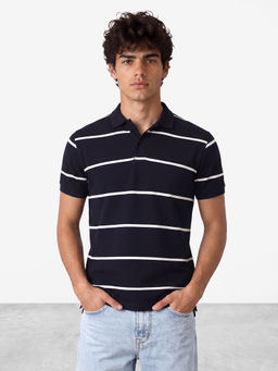 R&B - Men's Blue Polo Neck Striped T-Shirt