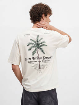 R&B - Men's Beige Round Neck Back Print Oversized Fit T-Shirt