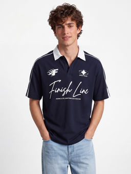 R&B - Men's Blue Polo Neck Printed Oversized Fit T-Shirt