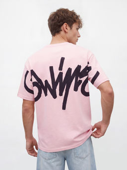R&B - Men's Pink Round Neck Printed Oversized Fit T-Shirt