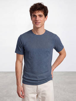 R&B - Men's Blue Round Neck Textured T-Shirt