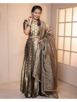 Vinya - Black And Gold Border Organza Lehenga With Blouse & Dupatta (Set of 3)
