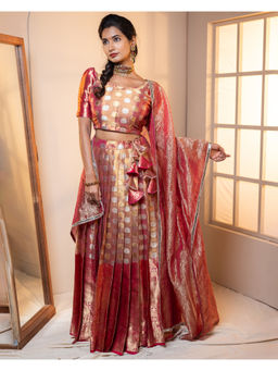 Vinya - Pink And Gold Border Organza Lehenga With Blouse & Dupatta (Set of 3)