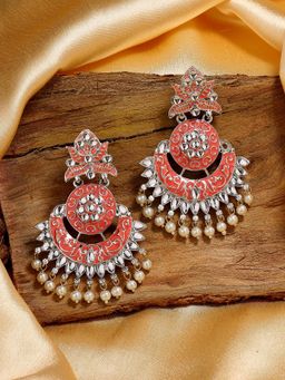 Estele - Rhodium Plated Traditional Pink Meenakari Drop Earrings with Pearl for Women