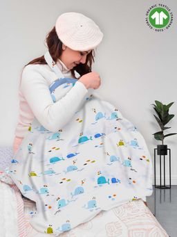 Moms Home - White Blue Whale Organic Cotton Muslin Nursing Cover for Breastfeeding