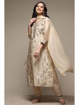 Biba - Beige Chanderi Unstitched Suit (Set of 3)