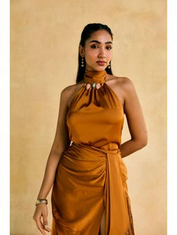 Lea Clothing - Kinnow Mustard Beaded Scarf Tassel Halter Top