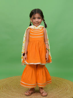 TIBER TABER - Girls Flared Sharara Gotapatti - Orange (Set of 3)