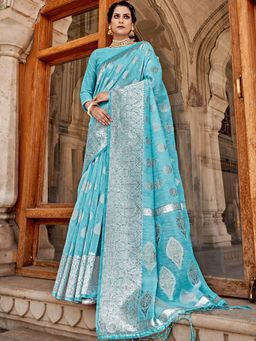 Odette - Womens Sky Blue Linen Woven Design Saree with Unstitched Blouse