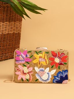 ROCIA - By Regal Multi Women Hand Embroidered Flower Motif Clutch with Detachable Chain