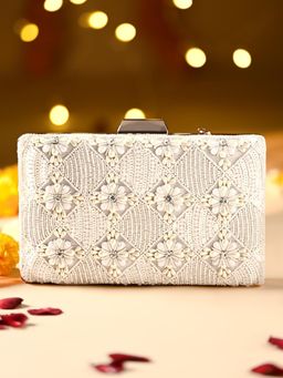 ROCIA - By Regal White Women Hand Embroidered Metal Frame Clutch with Detachable Chain