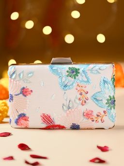 ROCIA - By Regal White Women Printed and Embroidered Metal Frame Clutch with Detachable Chain