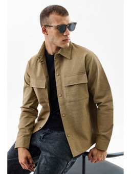 Snitch - Beige Self Design Relaxed Fit Shirt