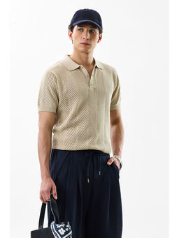 Snitch - Beige Self Design Slim Fit Polo T-Shirt