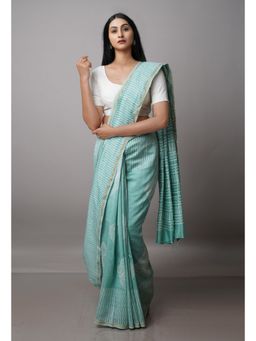 Unnati Silks - Turquoise Pure Block Printed Chanderi Sico Saree with Unstitched Blouse