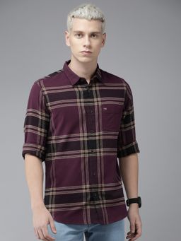 The Bear House - Men Maroon & Brown Checked Slim Fit Twill Cotton Casual Shirt