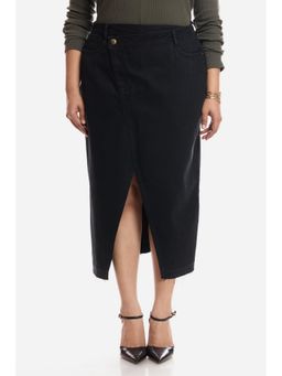 Virgio - Cotton Black Asymmetrical Plus Size Midi Plus Size Skirt