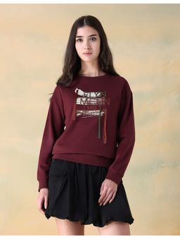 Flying Machine - Women Wine Cotton Graphic Sweatshirt