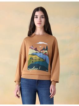 Flying Machine - Women Brown Cotton Graphic Sweatshirt