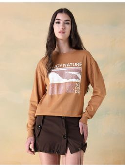 Flying Machine - Women Brown Cotton Graphic Sweatshirt