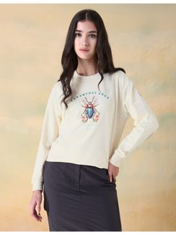 Flying Machine - Women White Cotton Graphic Sweatshirt