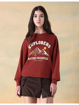 Flying Machine - Women Red Cotton Graphic Sweatshirt