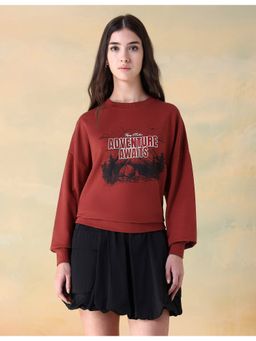 Flying Machine - Women Red Cotton Graphic Sweatshirt