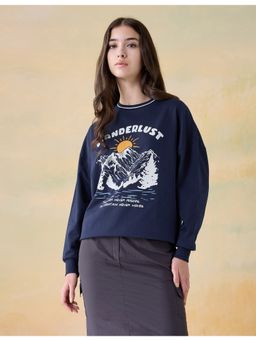 Flying Machine - Women Blue Cotton Graphic Sweatshirt