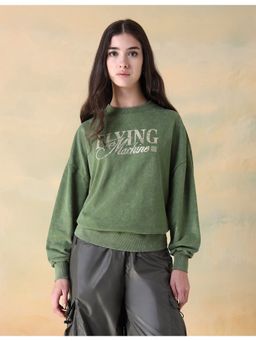 Flying Machine - Women Green Cotton Typography Sweatshirt