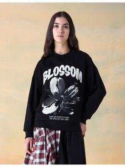 Flying Machine - Women Black Cotton Graphic Sweatshirt