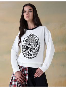 Flying Machine - Women White Cotton Graphic Sweatshirt