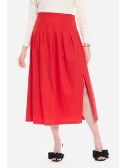 Virgio - Cotton Red Satin Pleated Midi Skirt