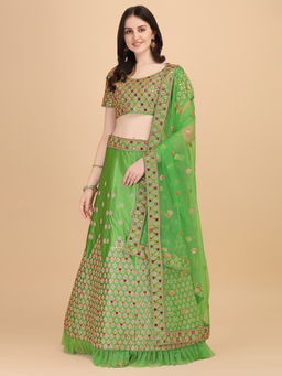 Amrutam Fab - Womens Light Green Colour Satin Work Lehenga Choli (Set of 3)