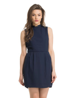 Kazo - Navy Blue Band Collar Dress