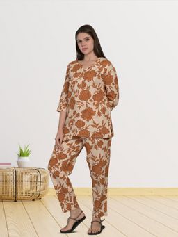 MAYSIXTY - Cotton Printed Brown Co-Ord (Set of 2)