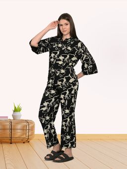 MAYSIXTY - Women Viscose Rayon Printed Collared Black Shirt with Pyjama (Set of 2)