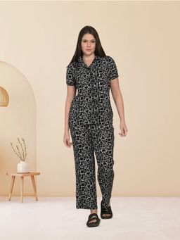 MAYSIXTY - Women Pure Poly Brush Printed Collared Black Half Sleeve Shirt with Pyjama (Set of 2)