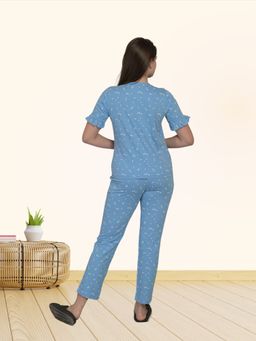 MAYSIXTY - Women Cotton Printed Round Neck Blue Half Sleeve Shirt with Pyjama (Set of 2)