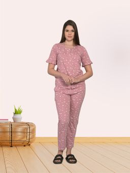 MAYSIXTY - Women Cotton Printed Round Neck Peach Half Sleeve Shirt with Pyjama (Set of 2)