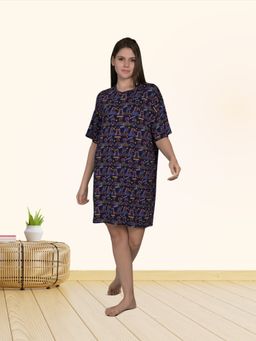 MAYSIXTY - Women Viscose Rayon Printed Round Neck Navy Blue Half Sleeve Short Nightdress