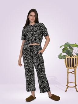 MAYSIXTY - Women Pure Poly Brush Printed Round Neck Black Half Sleeve Top with Pyjama (Set of 2)