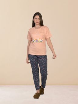 MAYSIXTY - Women Lycra Blend Printed Round Neck Peach Half Sleeve T-Shirt