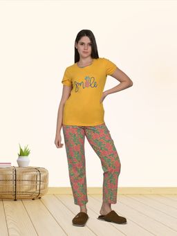 MAYSIXTY - Women Cotton Printed Round Neck Yellow Half Sleeve T-Shirt with Pyjama (Set of 2)