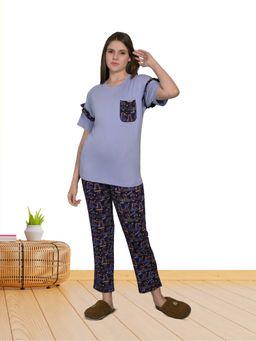 MAYSIXTY - Women Viscose Rayon Printed Blue Half Sleeve T-Shirt with Pyjama (Set of 2)